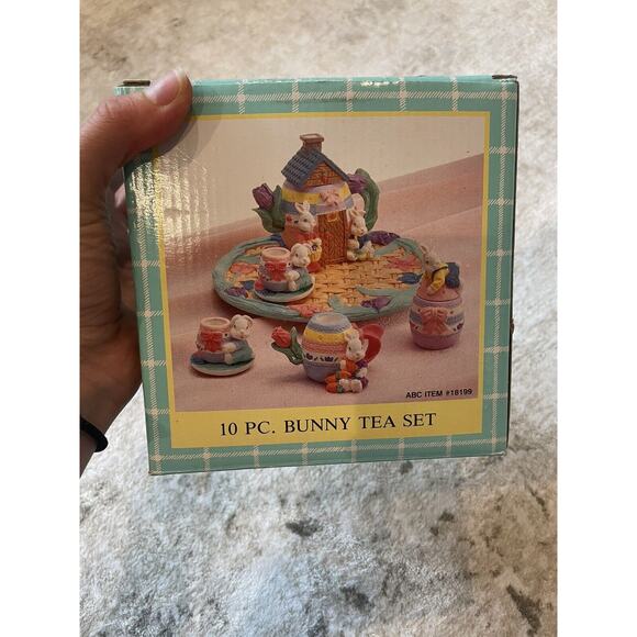 Vintage Miniature Tea Set Bunny Rabbit 10pcs Resin W/ Plate - Picture 2 of 8